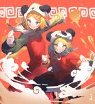  2girls animal_hood black_pants blonde_hair blue_eyes chinese_clothes cloud commentary dress fighting_stance green_hair gumi hair_ornament hairclip hood kagamine_rin multiple_girls outstretched_arms panda_hood pants red_background red_dress red_shirt shijohane shirt short_hair vocaloid whorled_clouds yellow_eyes yi_er_fan_club_(vocaloid) 
