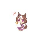  1girl :i animal_ears black_vest blush bowl brown_hair chibi closed_mouth collared_shirt food food_on_face holding holding_bowl horse_ears horse_girl horse_tail jacket multicolored_hair neck_ribbon notice_lines pleated_skirt purple_eyes purple_ribbon rebecca_(keinelove) ribbon rice rice_bowl rice_on_face seiza shadow shirt sitting skirt solo special_week_(umamusume) tail two-tone_hair umamusume vest wavy_mouth white_background white_hair white_jacket white_shirt white_skirt 