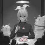  1girl bandaid bandaid_on_neck bow bowl bowl_stack chopsticks cup food greyscale hair_bow highres holding holding_spoon kagamine_rin lamp looking_at_viewer monochrome omurice parted_lips plate sitting solo spoon spot_color turtleneck upper_body vocaloid wounds404 