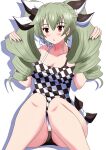  1girl :o anchovy_(girls_und_panzer) bangs black_ribbon black_shorts breasts casual checkered checkered_shirt commentary drill_hair eyebrows_visible_through_hair girls_und_panzer green_hair hair_ribbon hands_in_hair highres invisible_chair long_hair looking_at_viewer medium_breasts meiya parted_lips red_eyes ribbon shadow shirt short_shorts shorts simple_background sitting solo tied_shirt twin_drills twintails white_background white_ribbon 