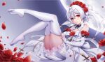  1girl bangs bare_shoulders bridal_veil daidailong dress elbow_gloves flower full_body full_moon gloves hair_between_eyes hair_flower hair_ornament honkai_(series) honkai_impact_3rd looking_at_viewer moon no_shoes petals red_eyes red_flower rose soles solo theresa_apocalypse theresa_apocalypse_(luna_kindred) thighhighs toes veil wedding_dress white_dress white_gloves white_hair white_legwear 