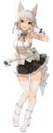  1girl :d akizone animal_ears boots breasts brown_eyes commentary final_fantasy final_fantasy_xiv full_body gloves highres looking_at_viewer miniskirt open_mouth short_hair simple_background skirt smile solo standing thighhighs white_background white_footwear white_gloves 