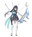  1girl armpit_cutout arrow_(projectile) bangs black_hair bow_(weapon) breasts clothing_cutout full_body gloves long_hair looking_at_viewer mappaninatta medium_breasts partially_fingerless_gloves pawahara_seijo quiver solo thigh_cutout weapon white_background 