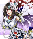  1girl bandages black_hair braces breasts chest_jewel fox_mask gem hisin kasandra_(xenoblade) long_hair mask medium_breasts open_mouth pointy_ears red_eyes solo xenoblade_chronicles_(series) xenoblade_chronicles_2 