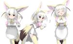  1girl :3 animal_ears apron blonde_hair blush bow bowtie commentary_request cowboy_shot elbow_gloves embarrassed extra_ears fennec_(kemono_friends) fox_ears fox_girl fox_tail gloves gradient gradient_legwear highres karekusa_meronu kemono_friends ladle leaning_in looking_at_viewer multicolored_hair multiple_views nose_blush oven_mitts pink_sweater pleated_skirt pot puffy_short_sleeves puffy_sleeves short_hair short_sleeves skirt solo sweater tail thighhighs triangle_mouth two-tone_gloves two-tone_hair two-tone_legwear white_apron white_gloves white_hair white_legwear white_skirt yellow_gloves yellow_legwear yellow_neckwear zettai_ryouiki 