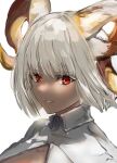  1girl animal_ears arknights bangs breasts carnelian_(arknights) cleavage closed_mouth commentary dark-skinned_female dark_skin goat_ears goat_horns grin highres horns long_sleeves looking_at_viewer looking_to_the_side medium_breasts nanaponi portrait red_eyes short_hair silver_hair simple_background smile solo white_background 