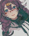  1girl adjusting_eyewear black_gloves blue_eyes braid cape dorothy_(sinoalice) glasses gloves grey_background hair_ornament hairclip high_collar lipstick long_hair looking_at_viewer makeup parted_lips purple_hair senryoko simple_background sinoalice sketch smile solo teeth 