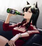  1girl alcohol animal_ear_fluff animal_ears arknights black_hair bottle colored_inner_hair drinking ear_piercing holding holding_bottle kuroda_(nanchara_flight) long_hair looking_at_viewer multicolored_hair official_alternate_costume piercing red_eyes red_hair red_shirt shirt sitting solo texas_(arknights) texas_(willpower)_(arknights) watch wolf_ears wristwatch 