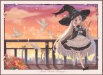 1girl bird blue_eyes dove flower hat highres holding holding_wand japanese_clothes kaguya_(onmyoji) long_hair looking_at_viewer magical_girl onmyoji rooftop smokestack solo very_long_hair vincente wand white_hair witch witch_hat 