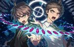  2boys :d ahoge bangs black_background brown_eyes brown_hair brown_jacket bullet butcher_shop collared_shirt danganronpa:_trigger_happy_havoc danganronpa_(series) danganronpa_2:_goodbye_despair floating floating_necktie floating_object green_background green_eyes green_jacket green_neckwear hinata_hajime jacket long_sleeves looking_at_viewer male_focus multiple_boys naegi_makoto necktie open_clothes open_jacket open_mouth shiny shiny_hair shirt short_hair short_sleeves smile upper_body upper_teeth 