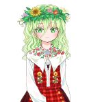  1girl floral_print flower flower_neckwear frills green_eyes green_hair hair_flower hair_ornament hat head_wreath highres kazami_yuuka kazami_yuuka_(pc-98) long_sleeves plaid plaid_skirt plaid_vest s-a-murai shirt short_hair simple_background skirt smile solo sunflower touhou touhou_(pc-98) vest white_shirt 