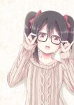  1girl beige_sweater bespectacled black_hair blush chiro_(bocchiropafe) facing_viewer glasses hands_up highres long_sleeves looking_at_viewer love_live! off-shoulder_sweater off_shoulder open_mouth red-framed_eyewear red_eyes ribbed_sweater smile solo sweater twintails upper_body yazawa_nico 