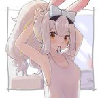  1girl adjusting_hair armpits bangs blonde_hair blue_bow bow breasts brown_eyes bunny cleavage commentary_request eyebrows_visible_through_hair hair_bow highres looking_at_viewer mochizuki_himari mouth_hold ponytail radicalfool see-through_silhouette short_hair sidelocks small_breasts solo uni_create virtual_youtuber white_hair 