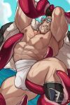  1boy abs bara bare_pectorals beard bound bound_arms bound_legs bulge facial_hair fundoshi granblue_fantasy headband jacket jacket_on_shoulders japanese_clothes jimsdaydreams large_pectorals male_focus mature_male muscular muscular_male mustache navel nipples old old_man pectorals scar scar_on_chest short_hair solo soriz spread_legs stomach tentacles tentacles_on_male tentacles_under_clothes thick_thighs thighs white_male_underwear 