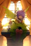  1girl antenna_hair backlighting bare_shoulders black_shorts boots breasts brown_footwear brown_gloves curtains detached_collar dress echo_(circa) fairy fairy_wings fate/extra fate/extra_ccc fate/extra_ccc_fox_tail fate/grand_order fate_(series) flower gloves green_dress hair_ribbon kazuradrop_(fate) long_sleeves looking_at_viewer purple_eyes purple_hair ribbon round-bottom_flask short_hair shorts sitting small_breasts smile solo thigh_boots thighhighs window wings yellow_ribbon 