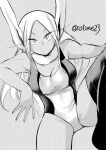  1girl animal_ears boku_no_hero_academia breasts bunny_ears commentary_request dark-skinned_female dark_skin dot_mouth fur_collar greyscale large_breasts long_hair looking_at_viewer mirko monochrome nstime23 rabbit_girl solo thighhighs wet 