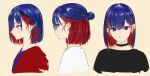  1girl black_shirt blue_hair choker colored_inner_hair cropped_torso earrings eyebrows_visible_through_hair glasses hair_behind_ear half_updo highres isshiki_(ffmania7) jacket jewelry kamitsubaki_studio looking_at_viewer multicolored multicolored_eyes multicolored_hair multiple_views parted_lips profile red_hair red_jacket rim_(kamitsubaki_studio) round_eyewear shirt simple_background sketch smile stud_earrings turnaround two-tone_hair upper_body virtual_youtuber white_shirt yellow_pupils 
