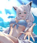  1girl absurdres ahoge animal_ear_fluff animal_ears bangs bikini blue_bikini blush braid breasts cloud cloudy_sky commentary_request day earrings eyebrows_visible_through_hair fox_ears fox_girl green_eyes hair_between_eyes highres hololive hood hoodie jewelry light_rays long_hair looking_at_viewer medium_breasts ocean open_clothes open_hand open_hoodie open_mouth outdoors outstretched_arm rururaroru shirakami_fubuki sidelocks single_braid sky solo swimsuit virtual_youtuber white_hair white_hoodie 