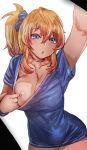  1girl blonde_hair blue_shirt bow_(bhp) breasts cleavage clothes_pull cowboy_shot gyaru hair_ornament hair_scrunchie hand_up large_breasts looking_at_viewer naked_shirt nipples one_breast_out one_side_up original parted_lips purple_eyes scrunchie shirt shirt_pull short_sleeves simple_background solo white_background 