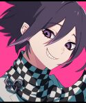  1boy absurdres bangs black_hair black_scarf checkered checkered_background checkered_neckwear checkered_scarf danganronpa_(series) danganronpa_v3:_killing_harmony face grey_jacket grin hair_between_eyes highres jacket looking_at_viewer male_focus nyu_(bbpp08) ouma_kokichi pink_background pink_eyes portrait scarf smile solo teeth white_scarf 