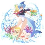  1girl :d absurdres ass_visible_through_thighs azuumori bare_legs barefoot black_sailor_collar black_shirt blue_hair coral covered_navel cropped_shirt finger_on_trigger full_body head_fins highres holding holding_water_gun looking_at_viewer neckerchief one-piece_swimsuit open_mouth original pink_eyes red_neckwear sailor_collar shark_girl_(azuumori) sharp_teeth shirt smile solo swimsuit tail teeth toenails water water_gun white_swimsuit 