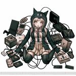  1girl :o animal_hood backpack bag bangs black_jacket black_shirt blunt_bangs breasts brown_skirt cat_hood collared_shirt controller danganronpa_(series) danganronpa_2:_goodbye_despair game_boy game_boy_advance game_console game_controller grey_background hair_ornament hairclip handheld_game_console hood hood_up jacket komatsuzaki_rui large_breasts light_brown_hair long_sleeves looking_at_viewer nanami_chiaki neck_ribbon official_art official_style open_clothes open_jacket open_mouth pink_footwear pink_ribbon playstation pleated_skirt ribbon shiny shiny_hair shirt shirt_tucked_in shoes simple_background sitting skirt sleeves_past_wrists smile solo thighhighs two-tone_shirt upper_teeth wariza white_shirt xbox zettai_ryouiki 