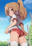  1girl absurdres adjusting_buruma adjusting_clothes aisaka_taiga ass bangs blue_sky blush brown_eyes brown_hair buruma closed_mouth clothes_pull cloud day double_vertical_stripe embarrassed eyebrows_visible_through_hair flat_chest from_behind gym_shirt gym_uniform hair_between_eyes highres long_hair looking_at_viewer looking_back olympian_bloomers outdoors ponytail pulled_by_self red_buruma shirt shirt_pull short_sleeves sky solo sweat sweatdrop thighhighs toradora! two-tone_shirt wakako_(wagasiorhugasi) white_legwear white_shirt 