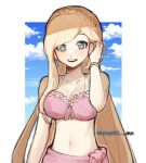  1girl :d arm_at_side artist_name bangs bare_shoulders barry_nah bikini blonde_hair blue_eyes blush braid breasts cleavage cloud danganronpa_(series) danganronpa_2:_goodbye_despair danganronpa_s:_ultimate_summer_camp day green_eyes grey_background hand_in_hair large_breasts long_hair looking_at_viewer navel open_mouth pink_bikini sky smile solo sonia_nevermind stomach swimsuit upper_teeth 