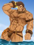  1boy abs bara bare_pectorals brown_hair brown_male_underwear bulge cross_scar facial_hair flaming_eye goatee hand_on_own_head hercules_(tokyo_houkago_summoners) highres inari_konko_(inari_sushi3) large_pectorals loincloth long_sideburns male_focus mature_male muscular muscular_male navel nipples pectorals revealing_clothes scar scar_on_arm scar_on_chest short_hair sideburns smile solo stomach thick_thighs thighs tokyo_houkago_summoners 