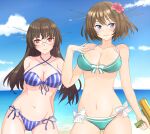  aqua_bikini bikini blue_bikini blue_eyes blue_sky breasts brown_hair choukai_(kancolle) cleavage cloud cowboy_shot day flower glasses groin hair_flower hair_ornament hairclip headgear hibiscus highres horizon kantai_collection large_breasts long_hair looking_at_viewer maya_(kancolle) navel nitamago_(sakamalh) ocean outdoors red_eyes rimless_eyewear short_hair sky smile striped striped_bikini swimsuit water_gun x_hair_ornament 