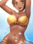  1girl armpits arms_up bangs bikini blue_eyes breasts brown_hair cleavage collarbone commentary danganronpa:_trigger_happy_havoc danganronpa_(series) large_breasts looking_at_viewer navel open_mouth qosic short_hair smile solo stomach swimsuit yellow_bikini 