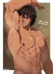  1boy abs armpits bara completely_nude dark-skinned_male dark_skin english_text gensou_suikoden groin highres large_pectorals male_focus muscular muscular_male navel nipples nude pectorals short_hair smelling solo stomach sweat upper_body viktor zombies_inc. 