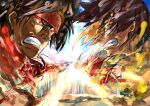  2boys aura battle brown_hair claws clenched_hand covered_abs crossover dragon_install energy_wings fighting fingerless_gloves fireseal gloves green_eyes guilty_gear guilty_gear_xrd headband helmet jacket junkyard_dog_mk_iii kazuma_(scryed) long_hair multiple_boys muscular muscular_male nanbaba orange_armor ponytail power_fist red_eyes red_hair scryed shirt short_hair sol_badguy spiked_hair sword teeth weapon winged_helmet yellow_eyes 