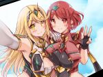  bangs bare_shoulders black_gloves blonde_hair breasts chest_jewel cleavage cleavage_cutout clothing_cutout dress earrings elbow_gloves fingerless_gloves gloves headpiece highres jewelry kurokaze_no_sora large_breasts long_hair mythra_(xenoblade) pyra_(xenoblade) red_eyes red_hair short_hair swept_bangs tiara very_long_hair white_dress white_gloves xenoblade_chronicles_(series) xenoblade_chronicles_2 yellow_eyes 