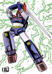  choudenji_machine_voltes_v electricity holding holding_sword holding_weapon jumping looking_down mecha no_humans ohtagaki_yasuo science_fiction solo super_robot sword voltes_v_(mecha) weapon yellow_eyes 