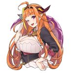  1girl ahoge braid breasts censored_gesture cleavage cleavage_cutout clothing_cutout dragon_girl dragon_horns dragon_tail fang hairband hololive horns kiryu_coco large_breasts long_hair looking_at_viewer masami_chie middle_finger multicolored_hair one_eye_closed open_mouth orange_hair pointy_ears purple_eyes side_braid sidelocks simple_background skin_fang smile solo streaked_hair tail virtual_youtuber white_background 