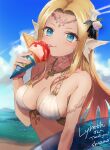  1girl bangs bare_arms bare_shoulders bikini blonde_hair blue_eyes blue_sky blush breasts cleavage closed_mouth cloud collarbone commentary commission day food head_fins headpiece highres holding holding_food ice_cream ice_cream_cone innertube long_hair looking_at_viewer medium_breasts original outdoors parted_bangs sha2mo skeb_commission sky smile solo swimsuit tongue tongue_out transparent upper_body very_long_hair white_bikini 