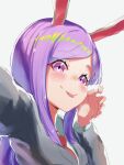  1girl animal_ears bangs black_jacket blazer blush bunny_ears closed_mouth commentary cookie_(touhou) eyebrows_visible_through_hair highres hisui_(cookie) jacket johnnyyyyy long_hair long_sleeves looking_at_viewer necktie portrait purple_eyes purple_hair red_neckwear reisen_udongein_inaba selfie shiny shiny_hair shirt simple_background smile solo swept_bangs tongue tongue_out touhou white_background white_shirt 