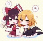  2girls annoyed arm_up bangs bare_shoulders black_dress black_headwear blonde_hair blush bow braid brown_hair chibi closed_mouth collar detached_sleeves dress eyebrows_visible_through_hair fan hair_between_eyes hair_bow hair_tubes hakurei_reimu hand_up hat highres kirisame_marisa long_sleeves looking_at_another multiple_girls open_mouth orange_neckwear puffy_short_sleeves puffy_sleeves red_bow red_dress red_eyes seiza shadow short_hair short_sleeves single_braid sitting touhou white_bow white_collar white_sleeves witch_hat yellow_background yellow_eyes you_(noanoamoemoe) yuri 