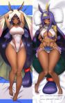  1girl absurdres animal_ears armpits b-pang bangs bare_legs barefoot breasts closed_mouth collarbone covered_navel dakimakura_(medium) dark-skinned_female dark_skin eyebrows_visible_through_hair fate/grand_order fate_(series) full_body hair_between_eyes hairband highres jackal_ears large_breasts long_hair looking_at_viewer lying navel nitocris_(fate) on_back one-piece_swimsuit pillow pixiv_id purple_eyes purple_hair smile solo swimsuit thick_thighs thighs twitter_username white_swimsuit yellow_hairband 