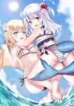  2girls :d ass bangs bare_arms bare_legs bare_shoulders barefoot bikini blonde_hair blue_eyes blue_hair blue_sky blush breasts cloud commentary_request day eyebrows_visible_through_hair fish_tail flower frilled_bikini frills gawr_gura hair_flower hair_ornament hibiscus hololive hololive_english looking_at_viewer lunacats medium_breasts multicolored_hair multiple_girls navel open_mouth outdoors red_flower shark_tail signature silver_hair sky smile soles streaked_hair striped striped_bikini sun swimsuit tail two_side_up upper_teeth virtual_youtuber water watson_amelia white_flower 