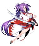  1girl bangs black_footwear breasts cleavage full_body highres holding holding_sword holding_weapon japanese_clothes kataginu kuroshirase large_breasts long_hair looking_at_viewer meira_(touhou) open_mouth ponytail purple_hair red_eyes sandals simple_background solo sword touhou touhou_(pc-98) v-shaped_eyebrows very_long_hair weapon white_background 