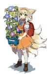  1girl alternate_costume animal_ears arknights backpack bag blush braid brown_footwear commentary dress fox_ears fox_girl fox_tail frilled_dress frills full_body green_eyes hairband highres holding_plant kitsune kyuubi looking_at_viewer multiple_tails orange_dress orange_hairband plant potted_plant randoseru red_bag shadow short_hair_with_long_locks simple_background solo standing suzuran_(arknights) tail thighhighs vegetable_osamuta white_background white_legwear 
