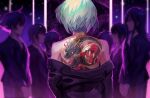  6+boys bangs bare_shoulders dragon_tattoo formal from_behind gunmetalrose highres jacket lio_fotia long_hair long_sleeves multiple_boys off_shoulder promare purple_jacket shiny shiny_hair short_hair solo_focus standing tattoo upper_body v_arms 