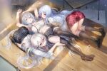  3girls arms_up azur_lane bangs black_legwear black_skirt blue_eyes blush breasts brown_cardigan brown_footwear cardigan come_hither eyebrows_visible_through_hair gangut_(azur_lane) hair_between_eyes hair_ornament hairpin highres hisasi in_container large_breasts long_hair long_sleeves mouth_hold multicolored_hair multiple_girls navel off_shoulder official_art parted_bangs partially_unbuttoned plaid plaid_skirt pulled_by_another red_eyes red_hair red_ribbon red_skirt ribbon ribbon_in_mouth shirt shoes short_sleeves silver_hair skirt sovetsky_soyuz_(azur_lane) stomach streaked_hair sweat take_your_pick tallinn_(azur_lane) thighhighs thighhighs_pull very_long_hair white_shirt wooden_floor 