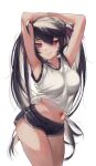  1girl absurdres ahoge armpits arms_behind_head arms_up bangs black_hair black_shorts blush breasts commentary_request cowboy_shot dolphin_shorts eyebrows_visible_through_hair eyes_visible_through_hair grin hair_ribbon highres large_breasts long_hair looking_at_viewer me!me!me! midriff navel original priite_hari_(torriet) purple_eyes purple_ribbon ribbon shirt short_shorts shorts simple_background sleeveless sleeveless_shirt smile solo torriet twintails very_long_hair white_background white_shirt 