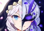  1girl absurdres bangs blue_eyes closed_mouth dual_persona hair_between_eyes hat highres honkai_(series) honkai_impact_3rd kallen_kaslana kallen_kaslana_(sixth_serenade) keke_(aptxkeke) looking_at_viewer mask nun petals smile white_hair 