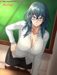  blue_eyes blue_hair breasts byleth_(fire_emblem) byleth_(fire_emblem)_(female) classroom cleavage fire_emblem fire_emblem:_three_houses fire_emblem_heroes glasses hand_on_hip highres looking_at_viewer shirt smile teacher thighhighs vilde_loh_hocen white_shirt whiteboard 