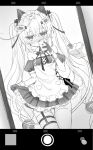  1girl apron bangs bare_shoulders blush breasts cellphone cleavage collarbone covered_mouth detached_sleeves dress dutch_angle eyebrows_visible_through_hair frilled_apron frills gloves greyscale hair_between_eyes hair_ornament heart holding holding_phone indie_virtual_youtuber long_hair maid_headdress mirror monochrome nose_blush official_art padko phone pleated_dress puffy_short_sleeves puffy_sleeves reflection shiodome_oji short_sleeves small_breasts solo tail twintails very_long_hair virtual_youtuber wifi_symbol 