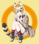  1girl alternate_costume animal_ears animal_print beige_jacket blonde_hair blue_shirt boots brown_hair casual cat_ears cat_girl cat_print cat_tail collared_shirt extra_ears eyebrows_visible_through_hair green_footwear highres kemono_friends long_jacket long_sleeves looking_at_viewer multicolored_hair nanana_(nanana_iz) open_mouth red_legwear sand_cat_(kemono_friends) shirt shorts socks solo tail white_shorts yellow_eyes 